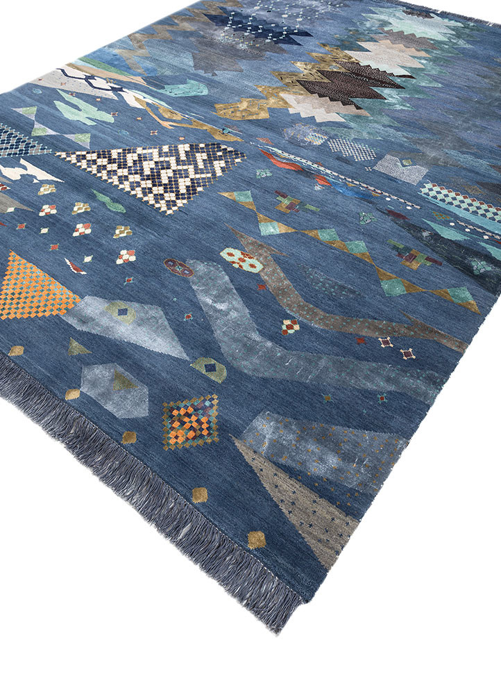 freedom manchaha blue wool and silk hand knotted Rug - FoldShot freedom manchaha blue wool and silk hand knotted Rug - FoldShot