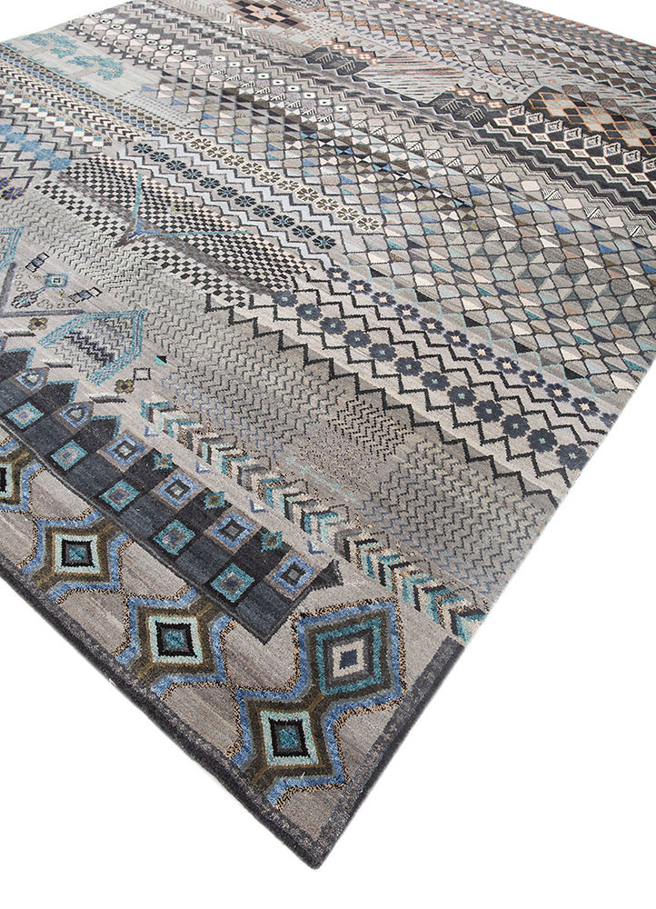 manchaha blue wool and bamboo silk hand knotted Rug - FoldShot