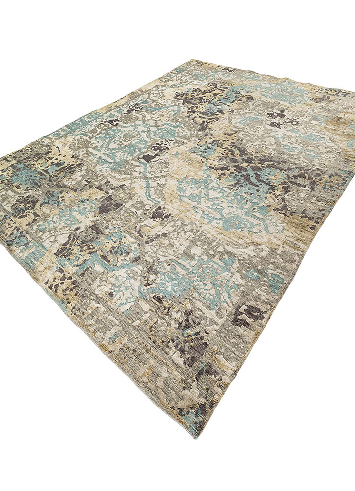far east blue wool and silk hand knotted Rug - FoldShot far east blue wool and silk hand knotted Rug - FoldShot