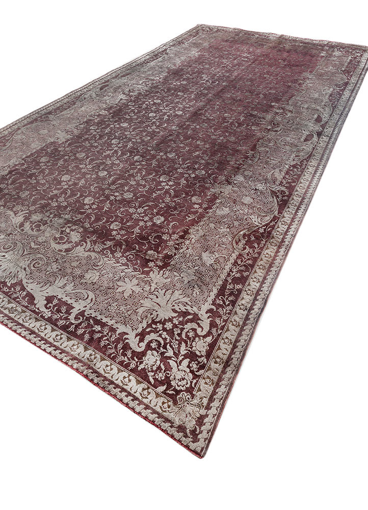 aalam red and orange wool and silk hand knotted Rug - FoldShot