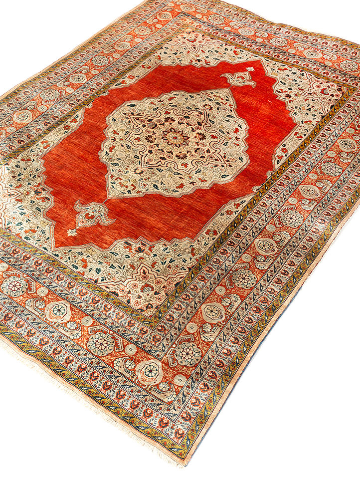 gulmarg red and orange silk hand knotted Rug - FoldShot gulmarg red and orange silk hand knotted Rug - FoldShot