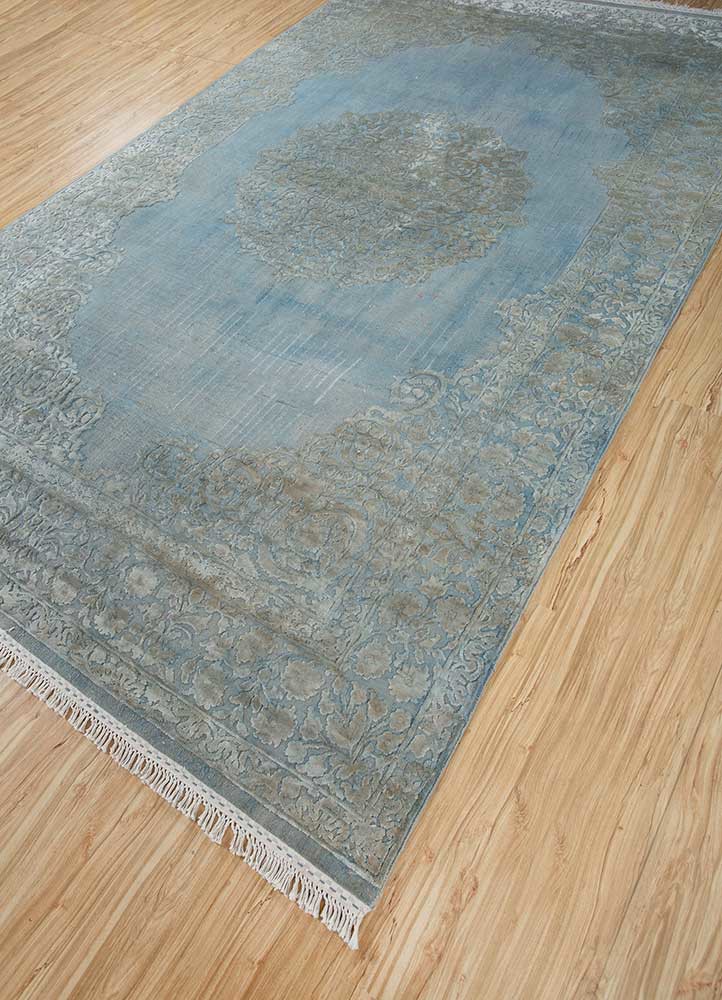 aurora blue wool and silk hand knotted Rug - FoldShot