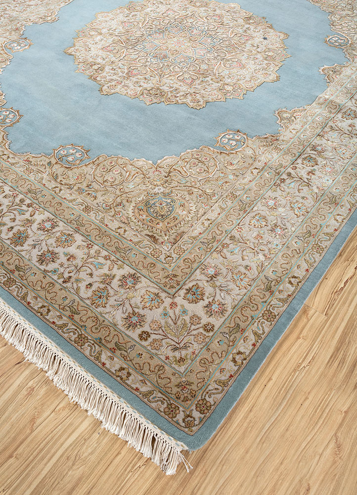 aurora blue wool and silk hand knotted Rug - FoldShot aurora blue wool and silk hand knotted Rug - FoldShot