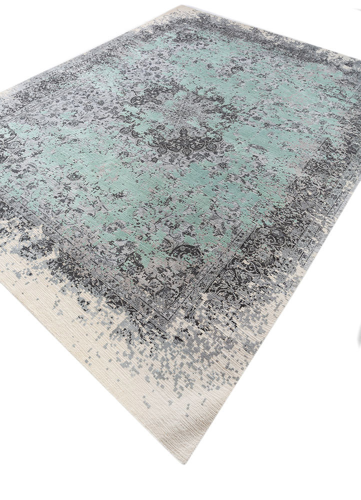 far east blue wool and silk hand knotted Rug - FoldShot far east blue wool and silk hand knotted Rug - FoldShot