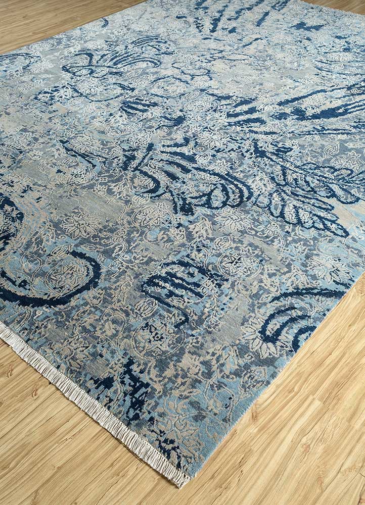 pansy blue wool and silk hand knotted Rug - FoldShot