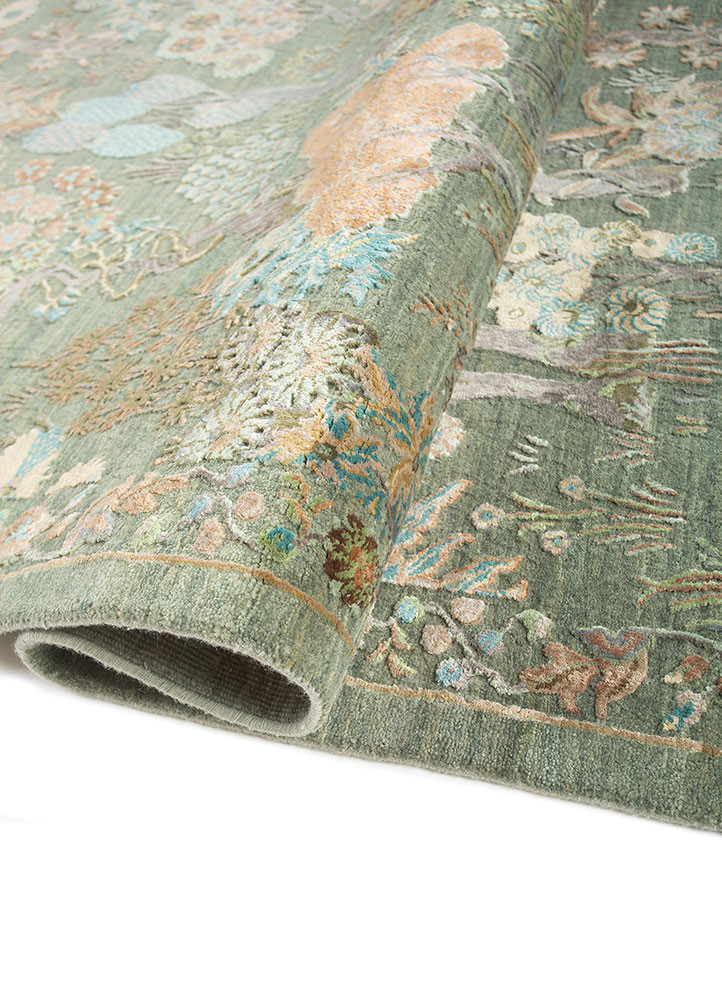 far east green wool and silk hand knotted Rug - FoldShot far east green wool and silk hand knotted Rug - FoldShot
