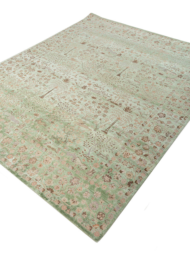 far east green wool and silk hand knotted Rug - FoldShot far east green wool and silk hand knotted Rug - FoldShot