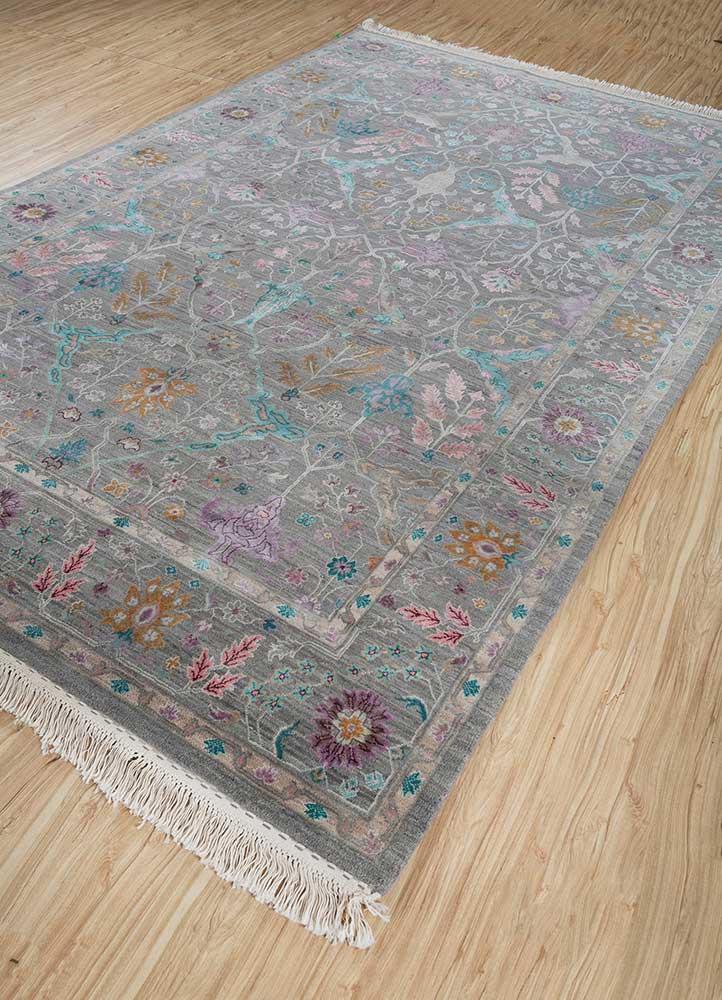 far east grey and black wool and silk hand knotted Rug - FoldShot