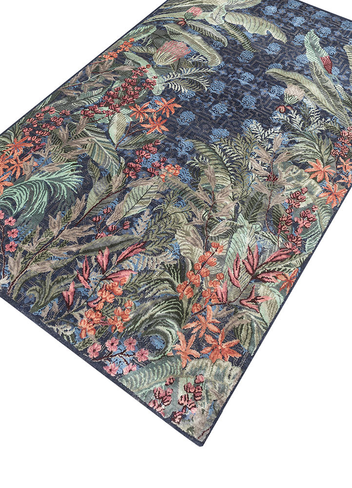 inde rose blue wool and silk hand knotted Rug - FoldShot