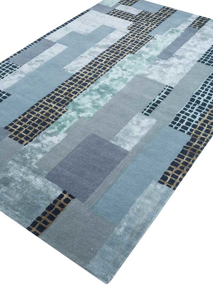 linear blue wool and viscose hand tufted Rug - FoldShot