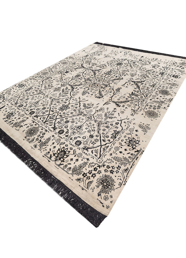 far east ivory wool and silk hand knotted Rug - FoldShot