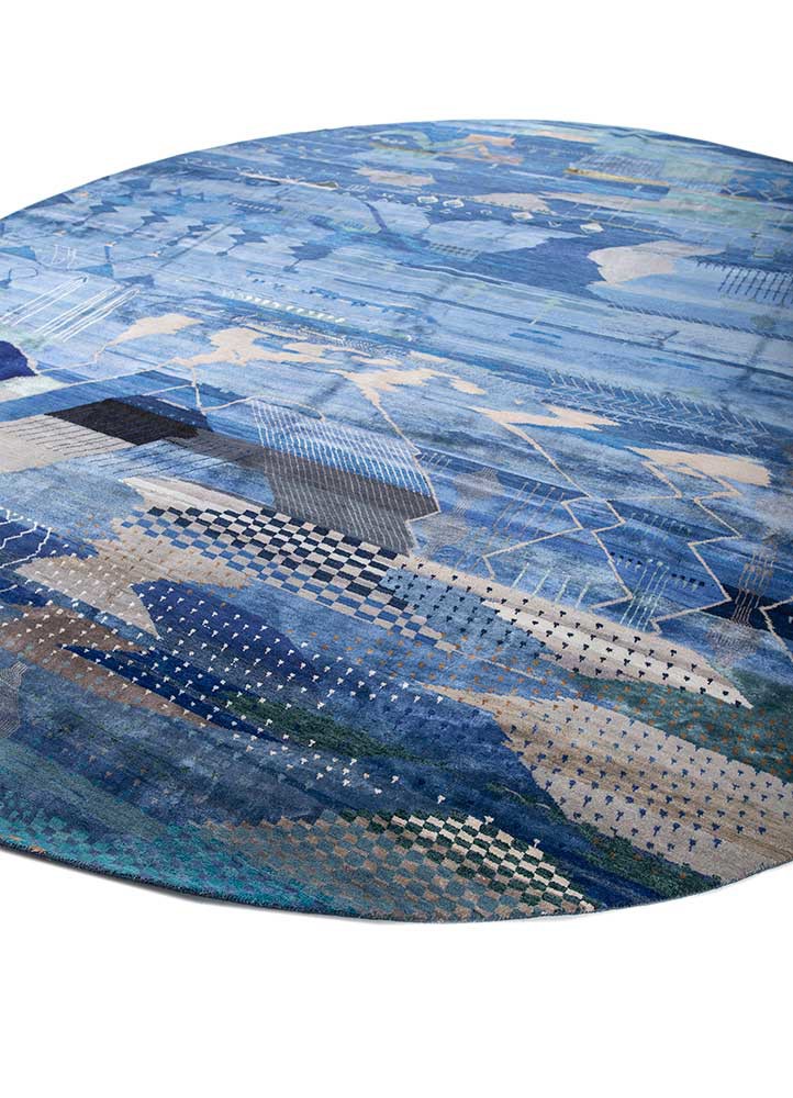 manchaha blue wool and bamboo silk hand knotted Rug - FoldShot