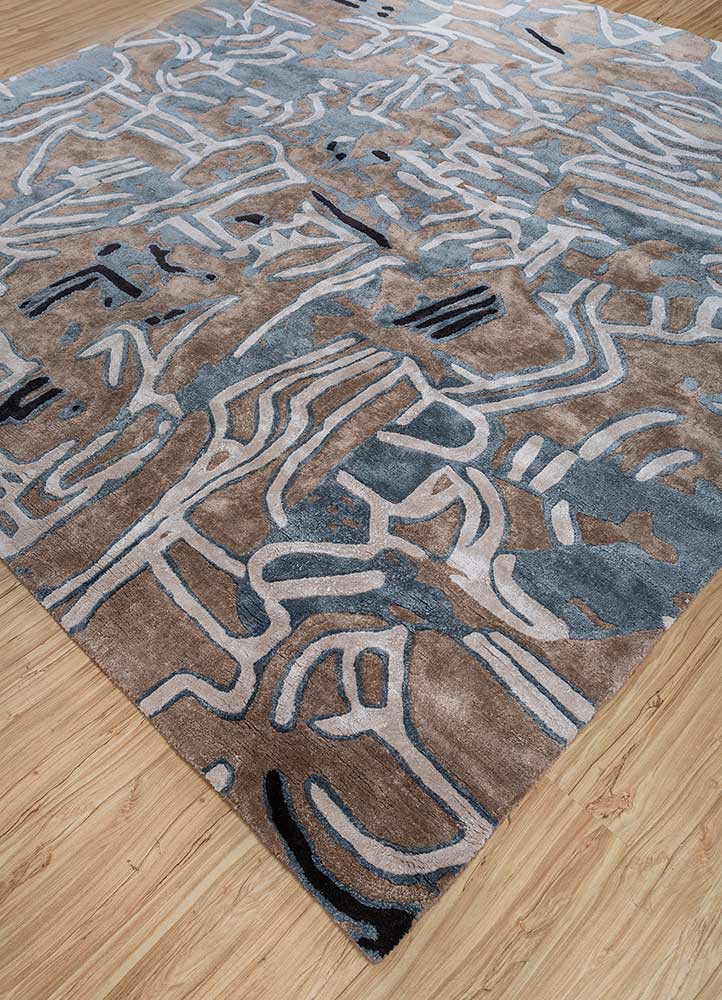 white noise beige and brown bamboo silk hand tufted Rug - FoldShot