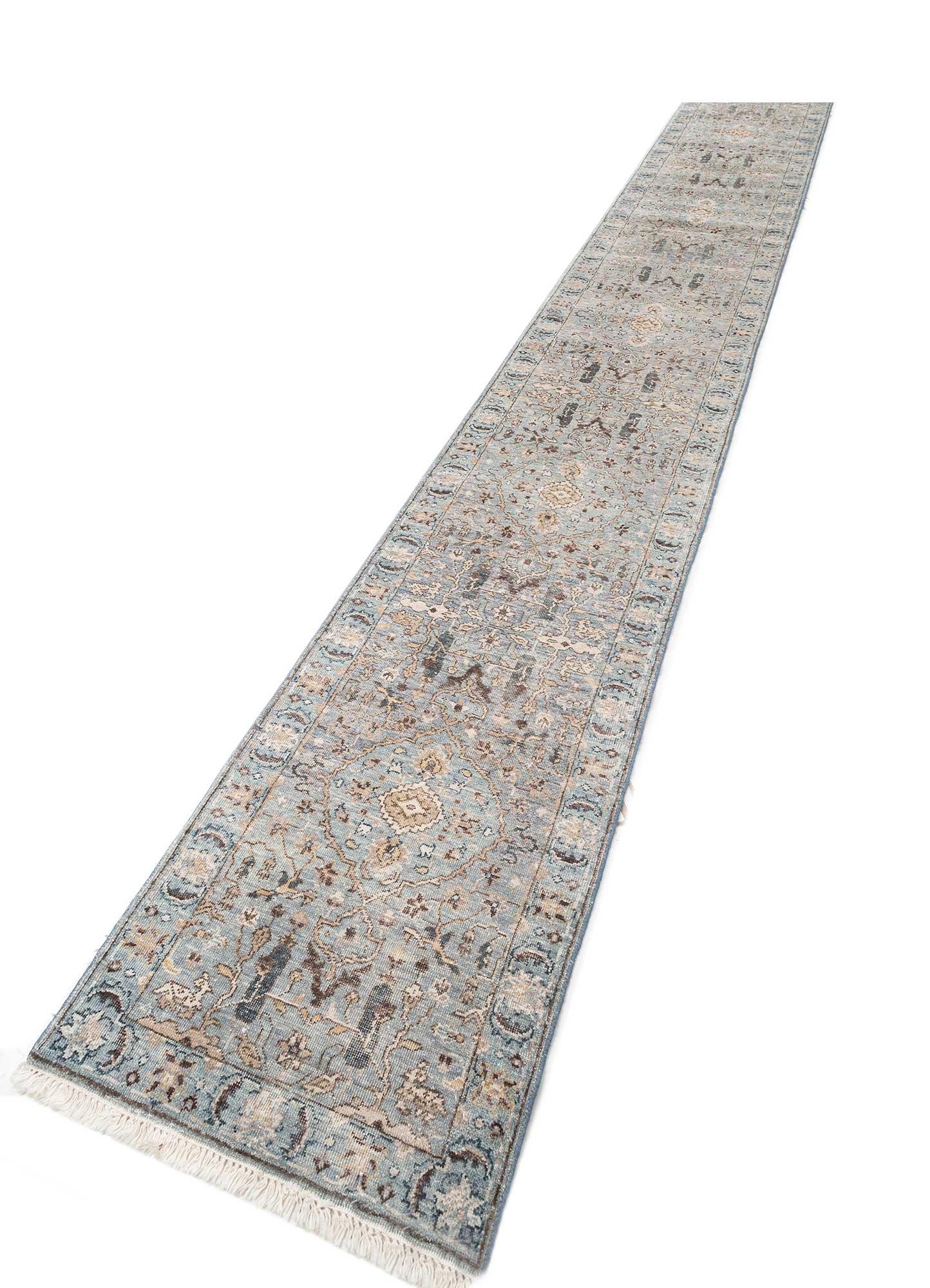 12' Blue And Gray Wool Striped Hand Knotted Runner Rug 12' Blue And Gray Wool Striped Hand Knotted Runner Rug