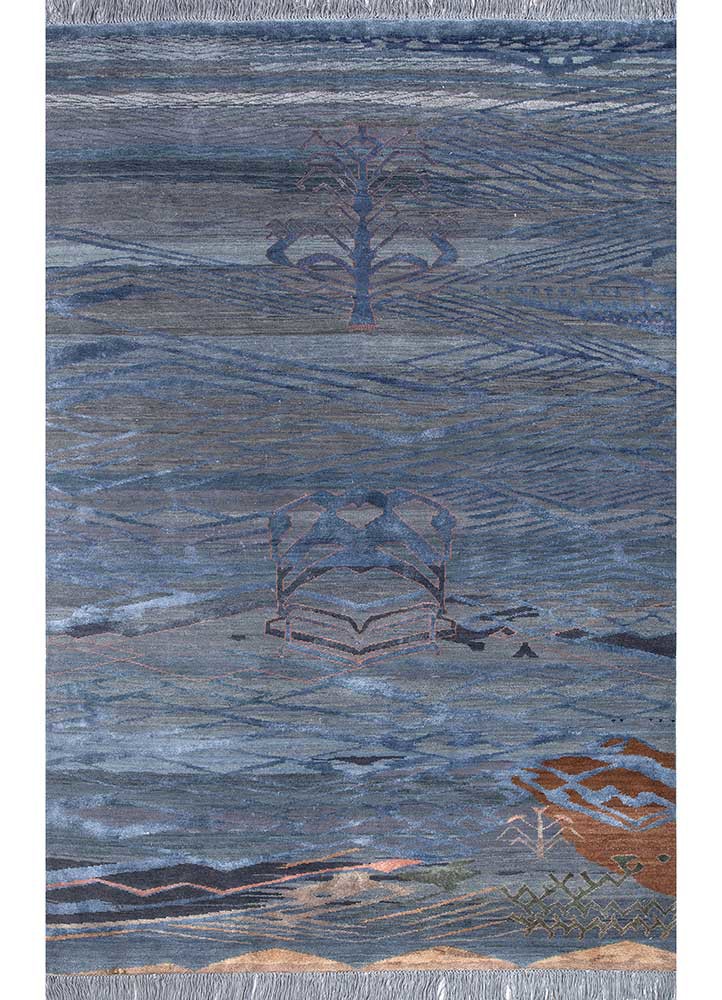 manchaha blue wool and bamboo silk hand knotted Rug