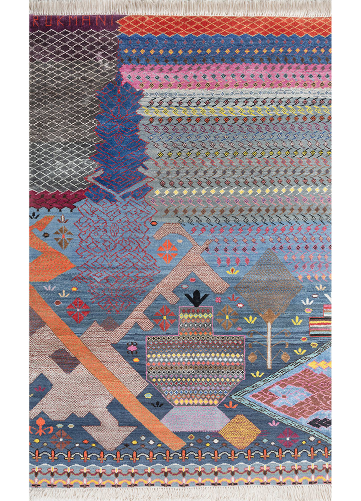 manchaha blue wool and bamboo silk hand knotted Rug