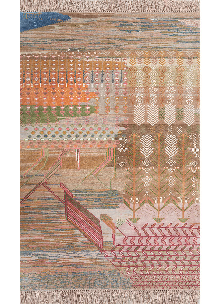 manchaha red and orange wool and bamboo silk hand knotted Rug