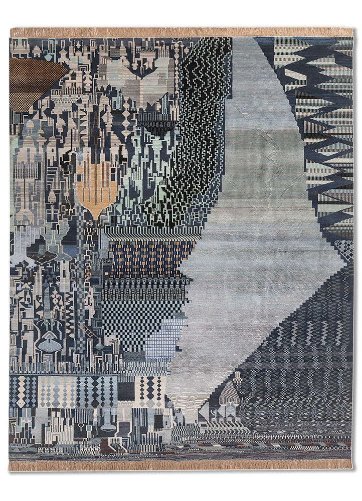 manchaha blue wool and bamboo silk hand knotted Rug