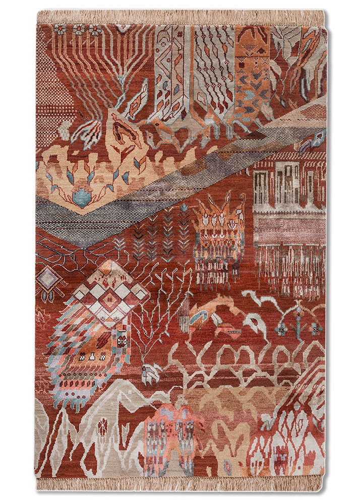 manchaha red and orange wool and bamboo silk hand knotted Rug