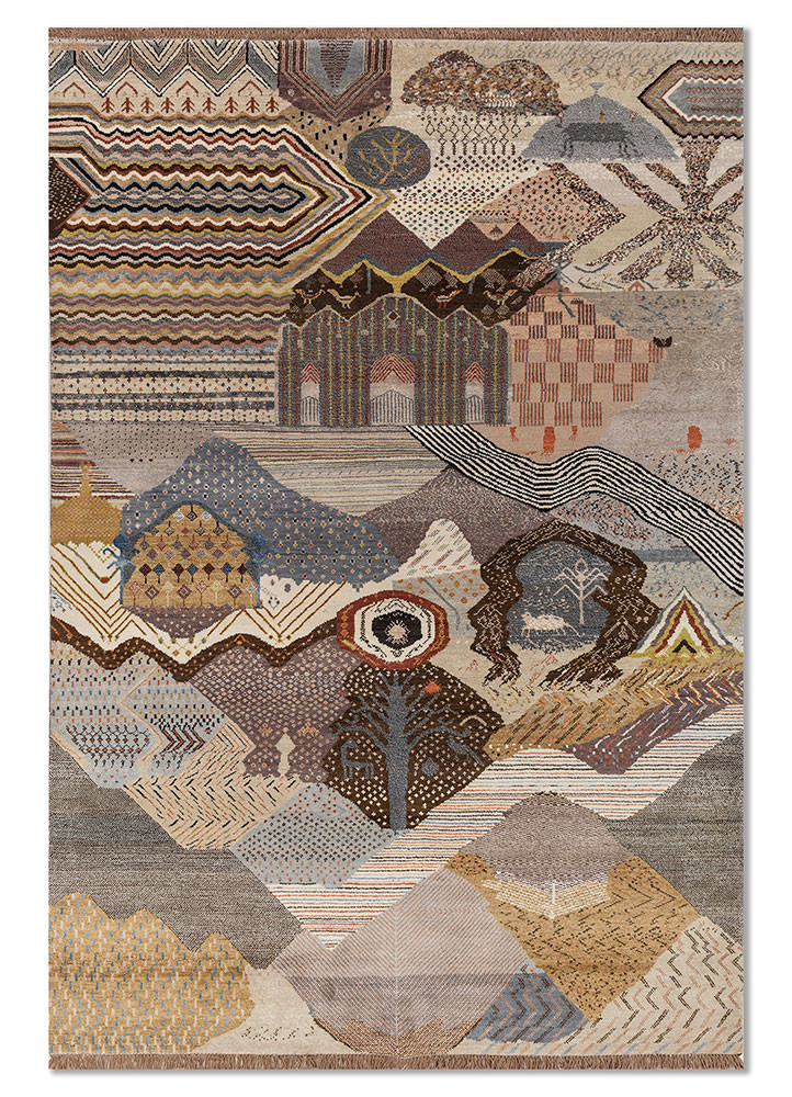 manchaha beige and brown wool and bamboo silk hand knotted Rug