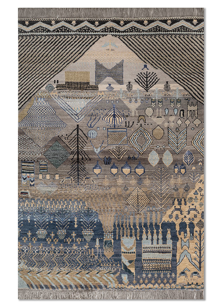 manchaha grey and black wool and bamboo silk hand knotted Rug