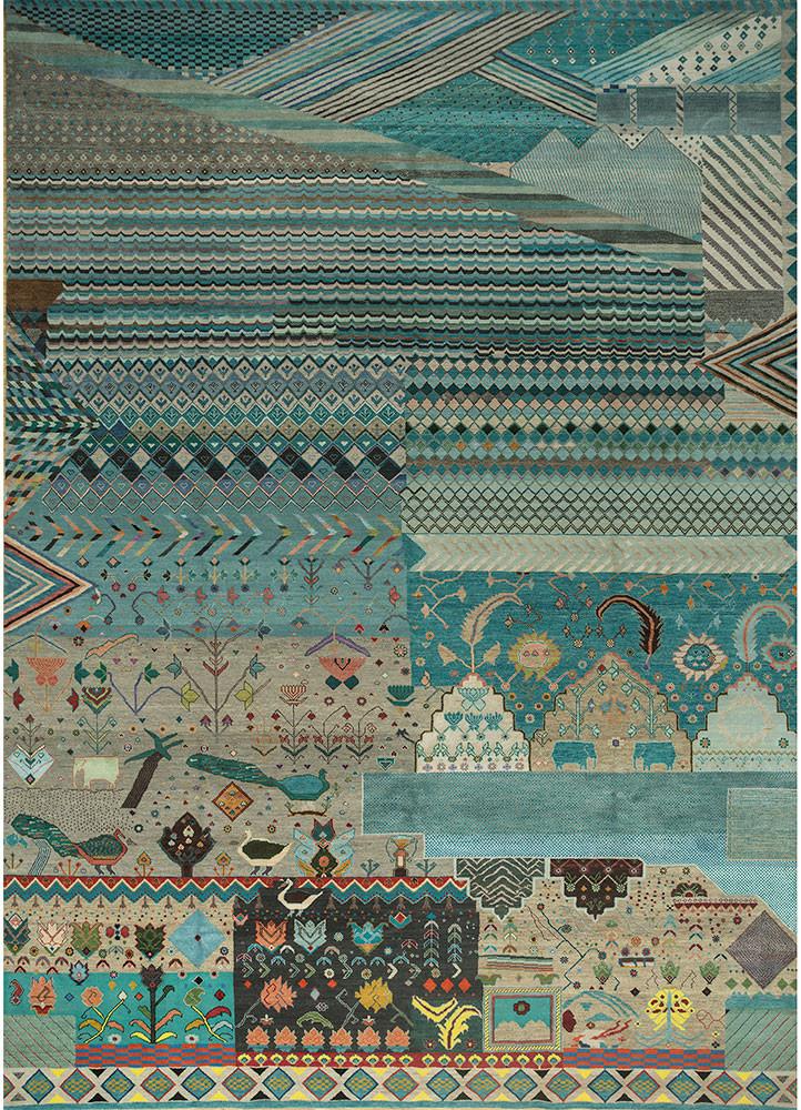 manchaha blue wool and bamboo silk hand knotted Rug