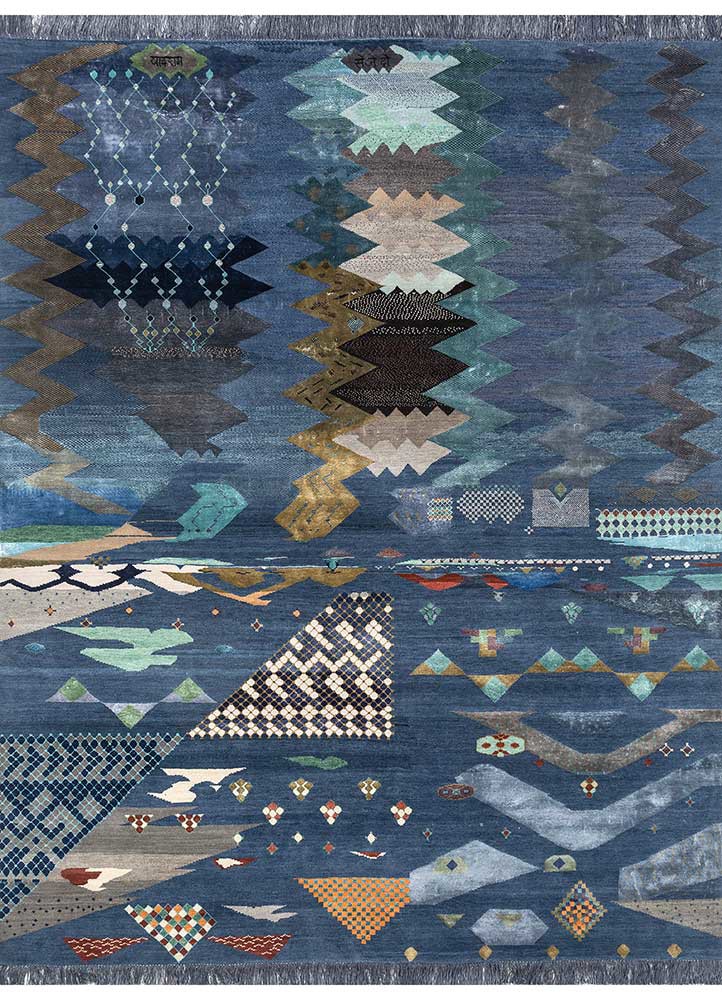 freedom manchaha blue wool and silk hand knotted Rug