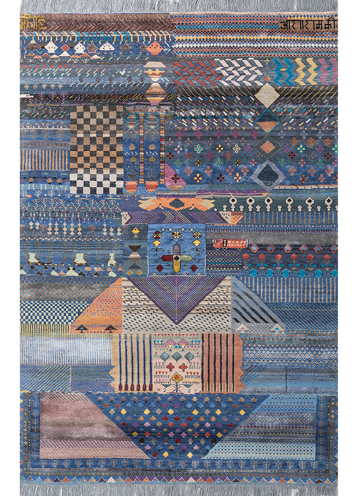 freedom manchaha blue wool and bamboo silk hand knotted Rug