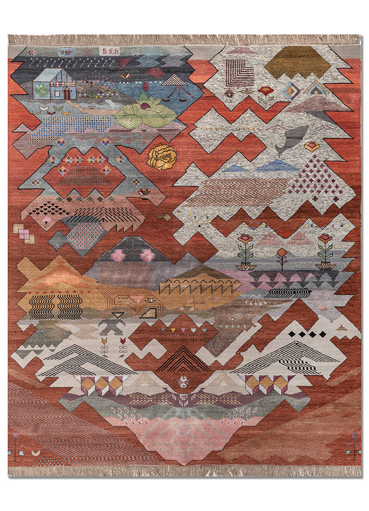 freedom manchaha red and orange wool and bamboo silk hand knotted Rug