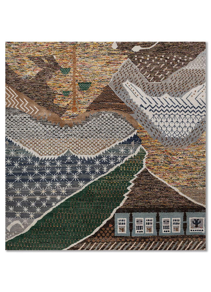 manchaha beige and brown wool and bamboo silk hand knotted Rug