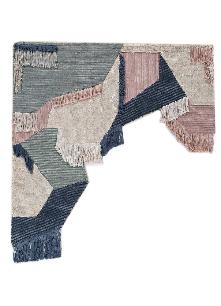 aprezo blue wool and viscose patchwork Rug - HeadShot aprezo blue wool and viscose patchwork Rug - HeadShot