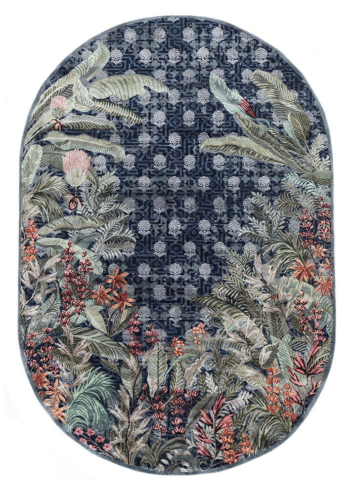 inde rose blue wool and silk hand knotted Rug - HeadShot