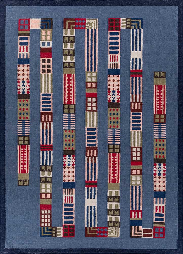 checkers blue wool flat weaves Rug - HeadShot