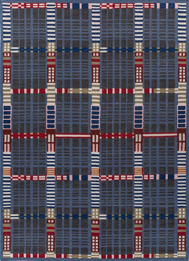 checkers blue wool flat weaves Rug - HeadShot