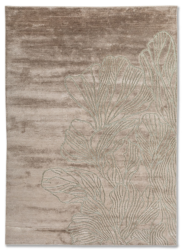azalea beige and brown bamboo silk and zari hand knotted Rug