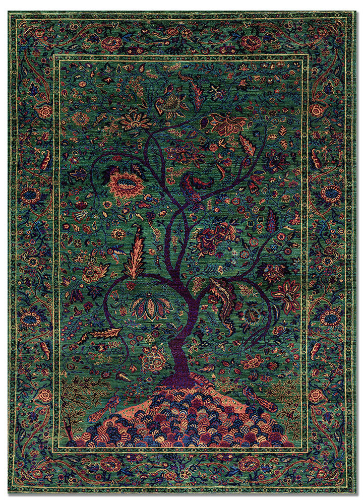 aprezo green silk hand knotted Rug - HeadShot