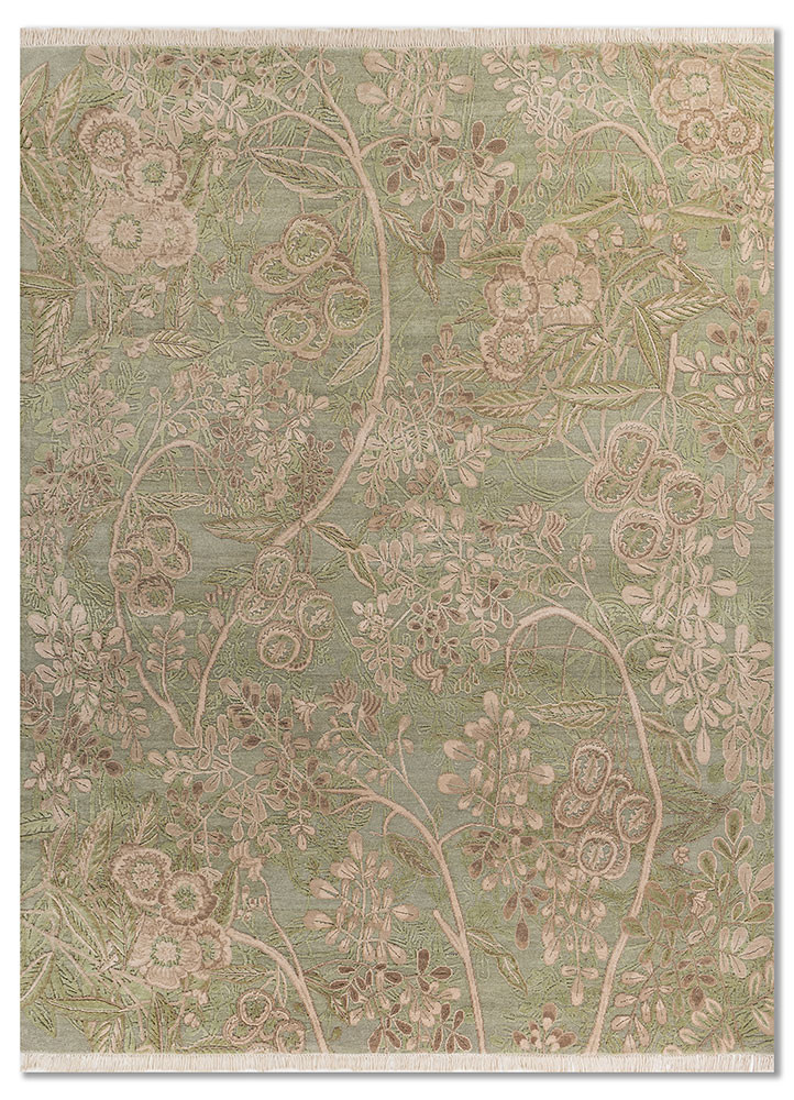  green wool and bamboo silk hand knotted Rug