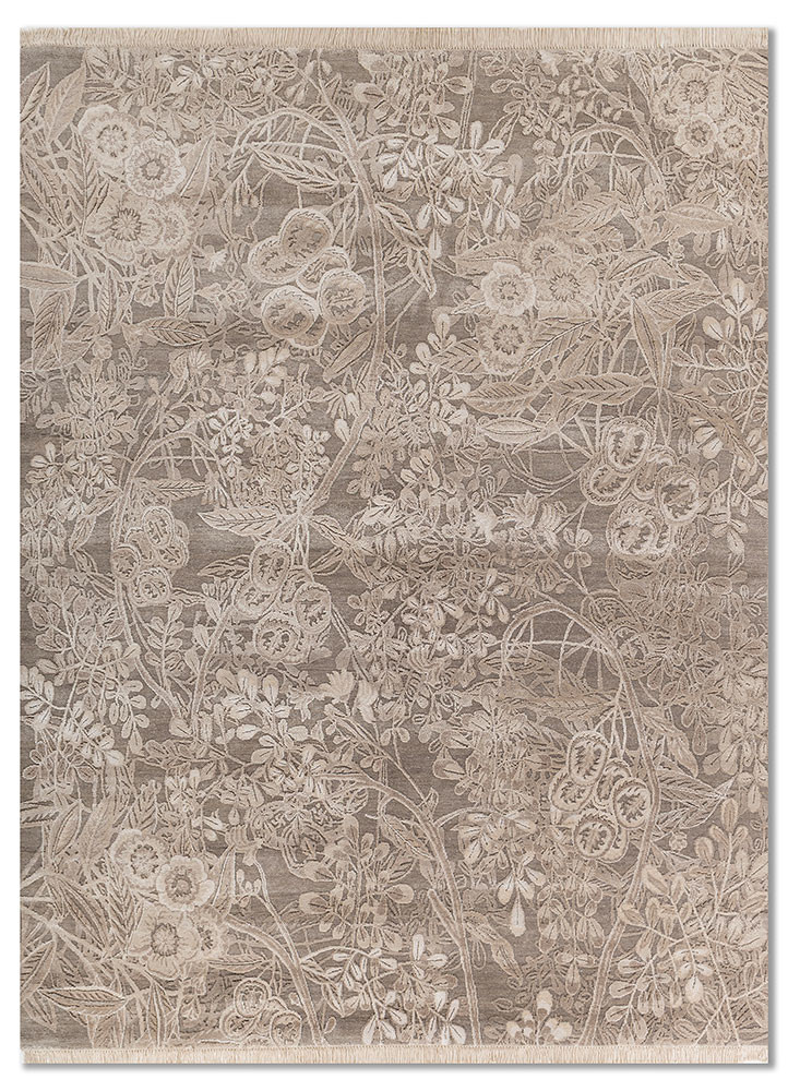 pansy beige and brown wool and bamboo silk hand knotted Rug - HeadShot