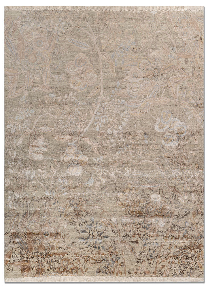 pansy green wool and bamboo silk hand knotted Rug - HeadShot
