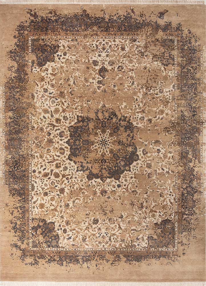 far east beige and brown wool hand knotted Rug - HeadShot