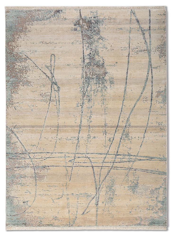 entropy ivory wool and silk hand knotted Rug - HeadShot