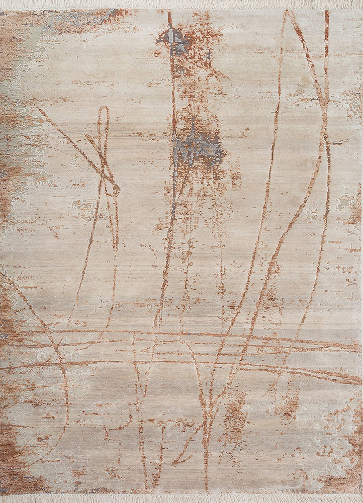  ivory wool and silk hand knotted Rug
