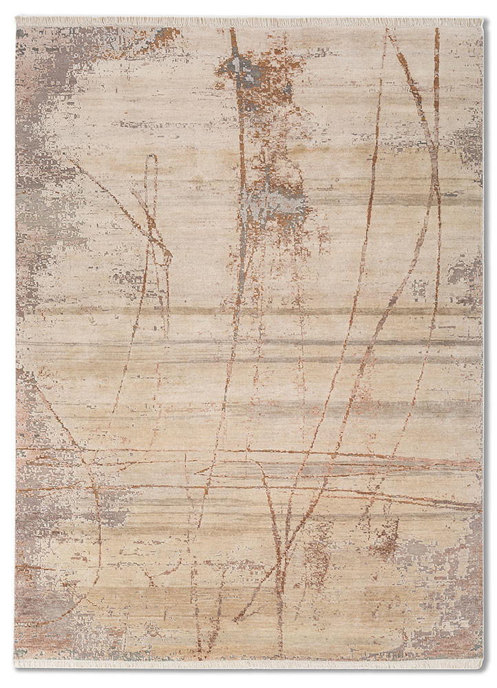 entropy ivory wool and silk hand knotted Rug - HeadShot