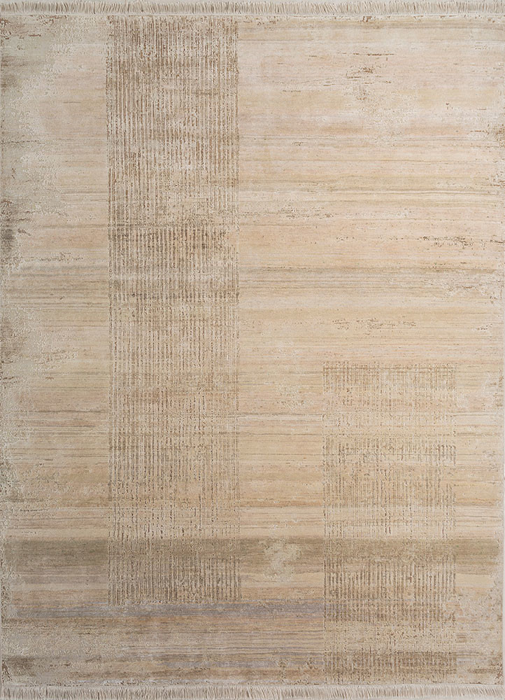 entropy ivory wool and silk hand knotted Rug - HeadShot
