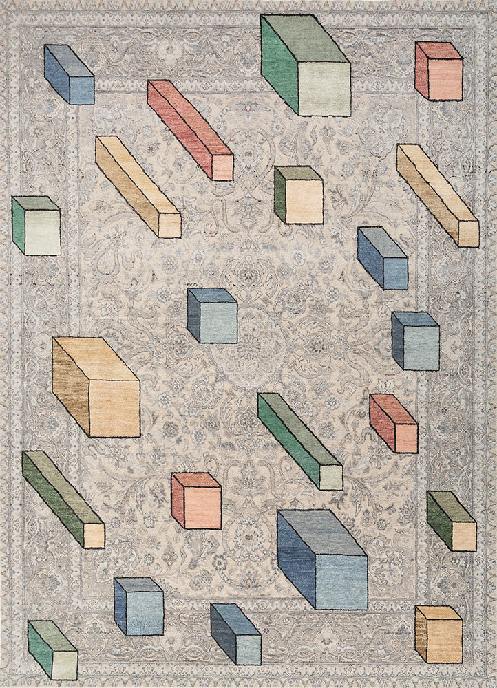 playing with tradition grey and black wool and silk hand knotted Rug