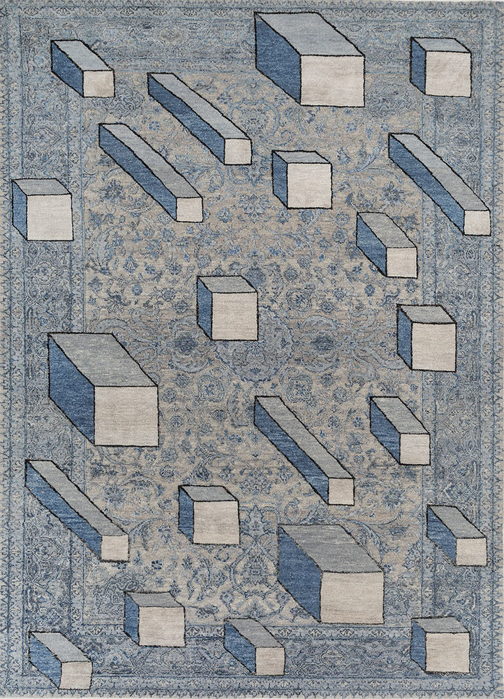 playing with tradition blue wool and silk hand knotted Rug - HeadShot