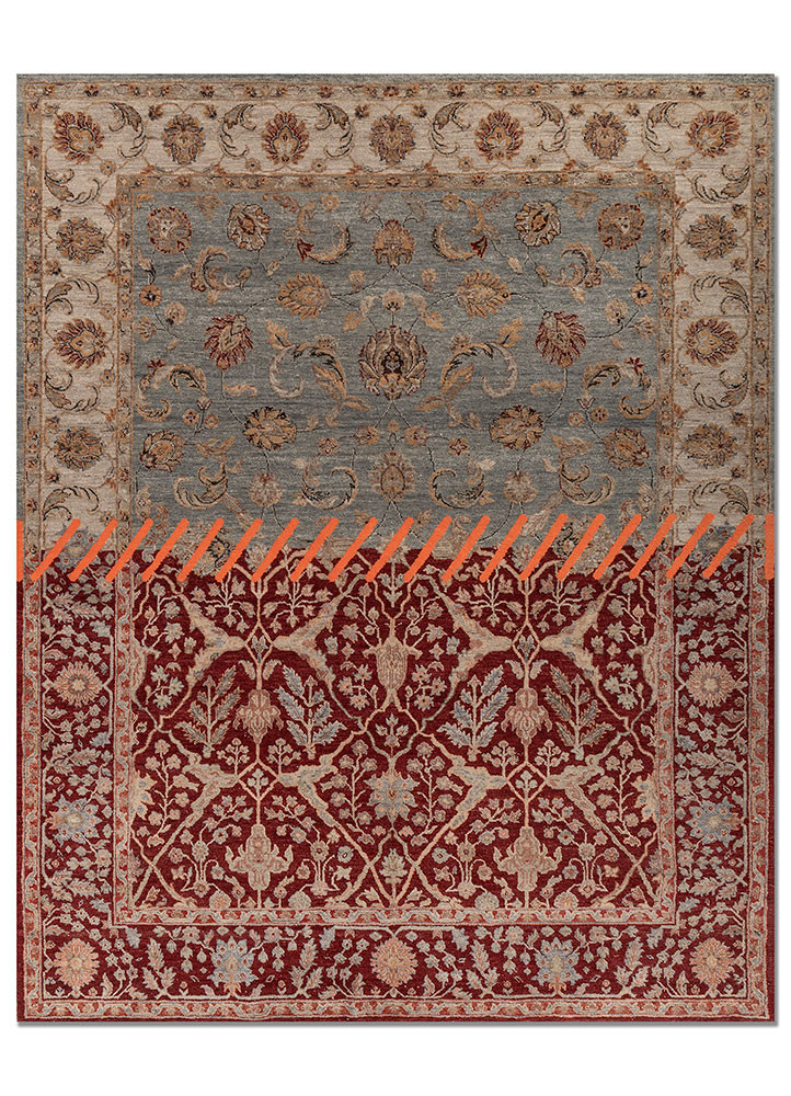 playing with tradition red and orange wool and silk hand knotted Rug - HeadShot playing with tradition red and orange wool and silk hand knotted Rug - HeadShot