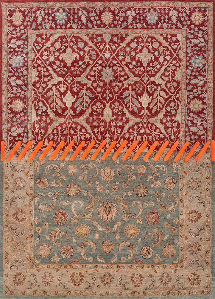 playing with tradition red and orange wool and silk hand knotted Rug - HeadShot