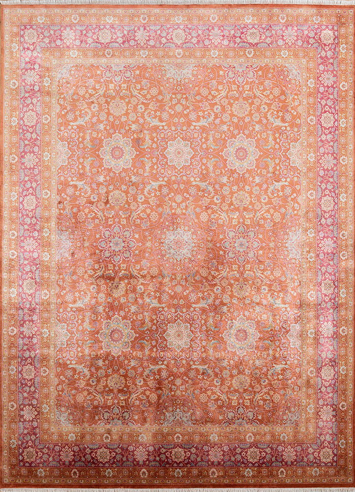  red and orange silk hand knotted Rug
