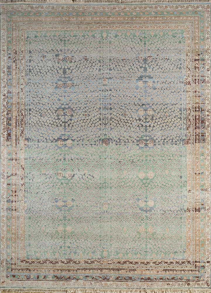 someplace in time green afghan wool hand knotted Rug